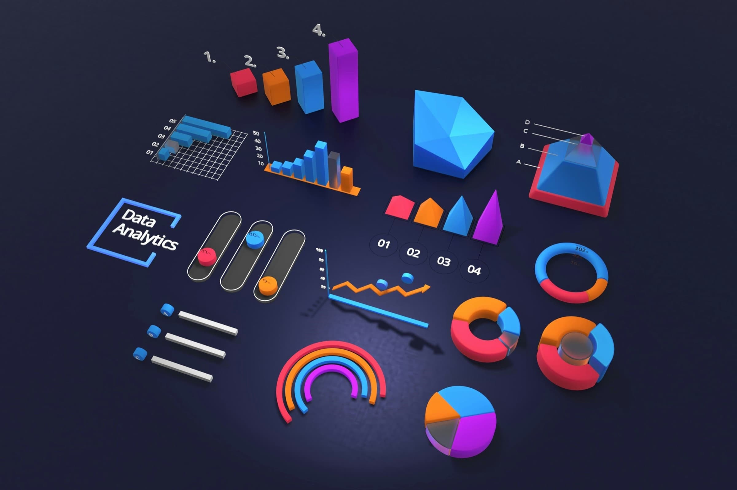 Colourful data visualisation objects on a dark surface, used as illustrative photography