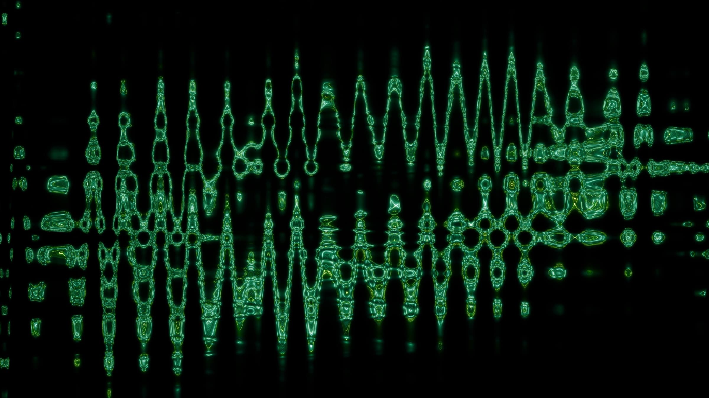 Abstract green audio waveform against a black background, used as illustrative photography